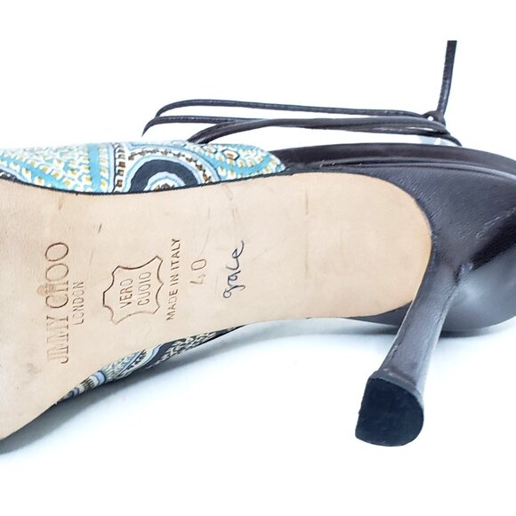 Jimmy Choo Jade Paisley Lace-Up Heels Brown Blue Leather Sole EUR 40 US 10 - Picture 9 of 9